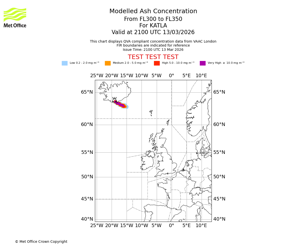 Modelled ash concentration from 300 to 350 for KATLA. Valid at 2100 UTC 13/03/2026