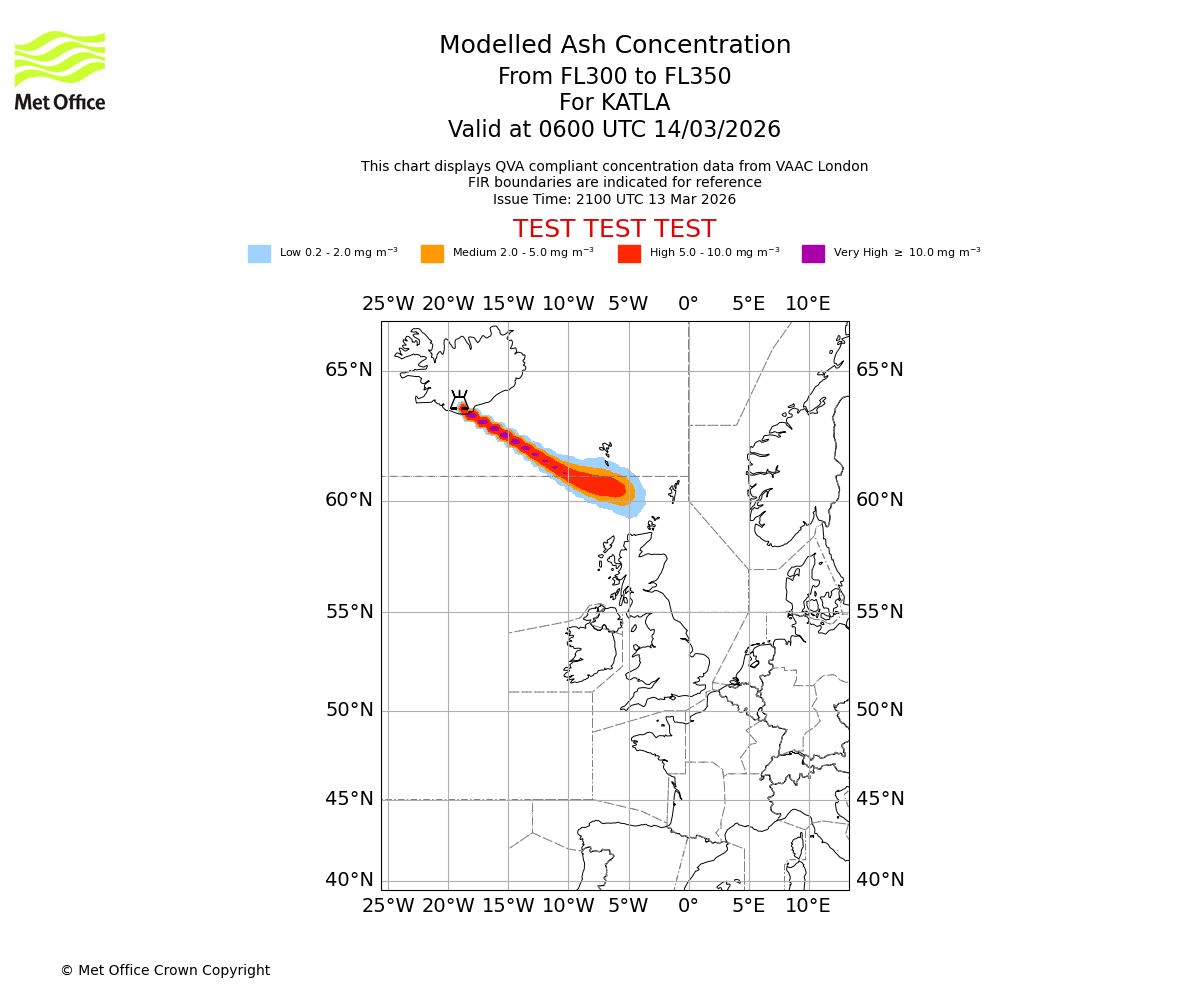 Modelled ash concentration from 300 to 350 for KATLA. Valid at 0600 UTC 14/03/2026