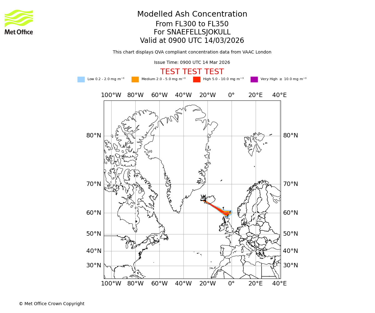 Modelled ash concentration from 300 to 350 for SNAEFELLSJOKULL. Valid at 0900 UTC 14/03/2026