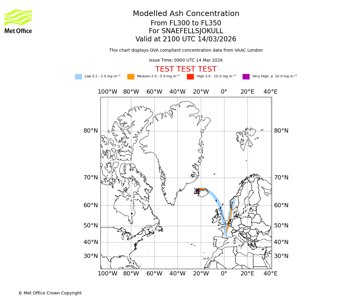 Modelled ash concentration from 300 to 350 for SNAEFELLSJOKULL. Valid at 2100 UTC 14/03/2026