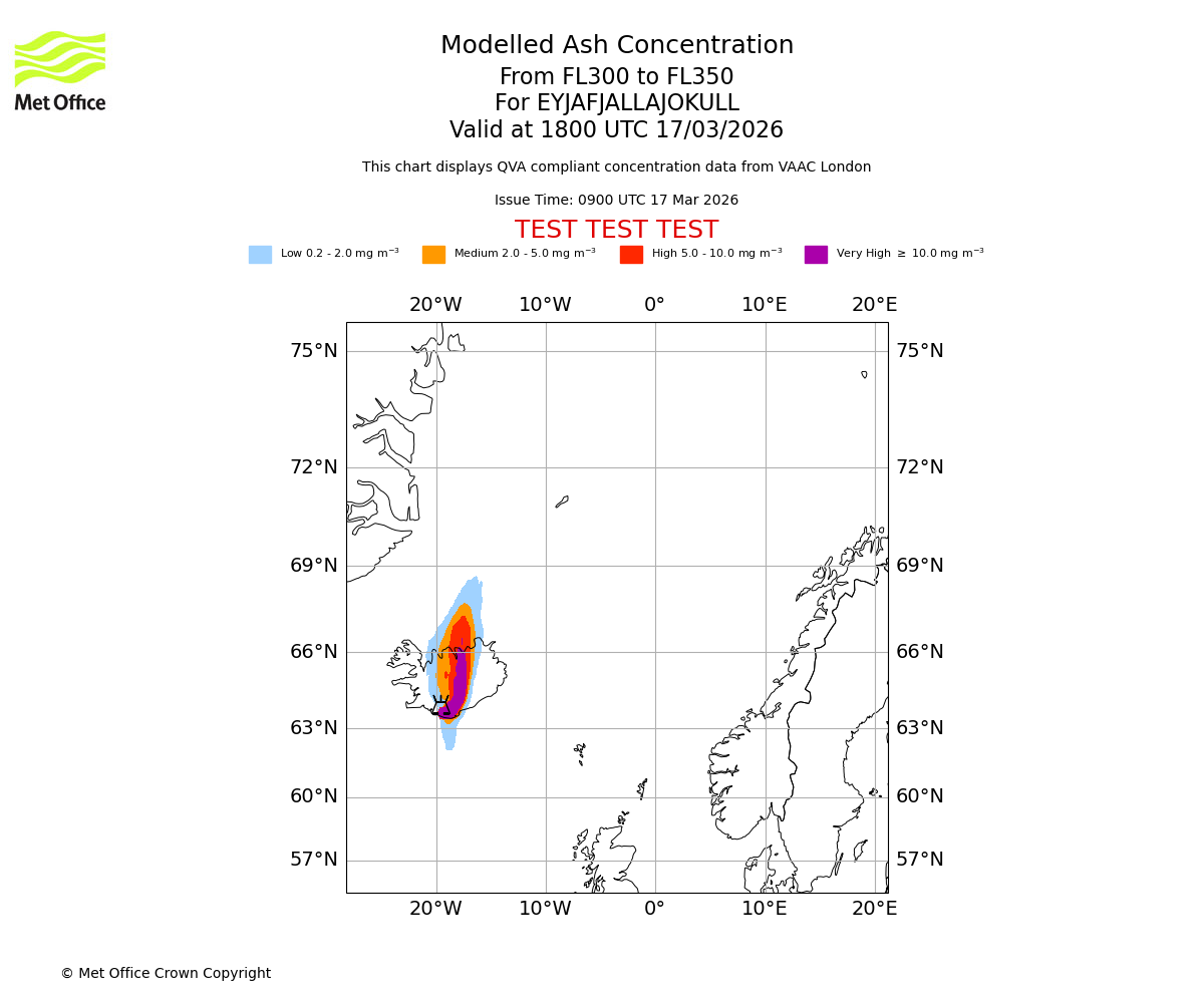 Modelled ash concentration from 300 to 350 for EYJAFJALLAJOKULL. Valid at 1800 UTC 17/03/2026