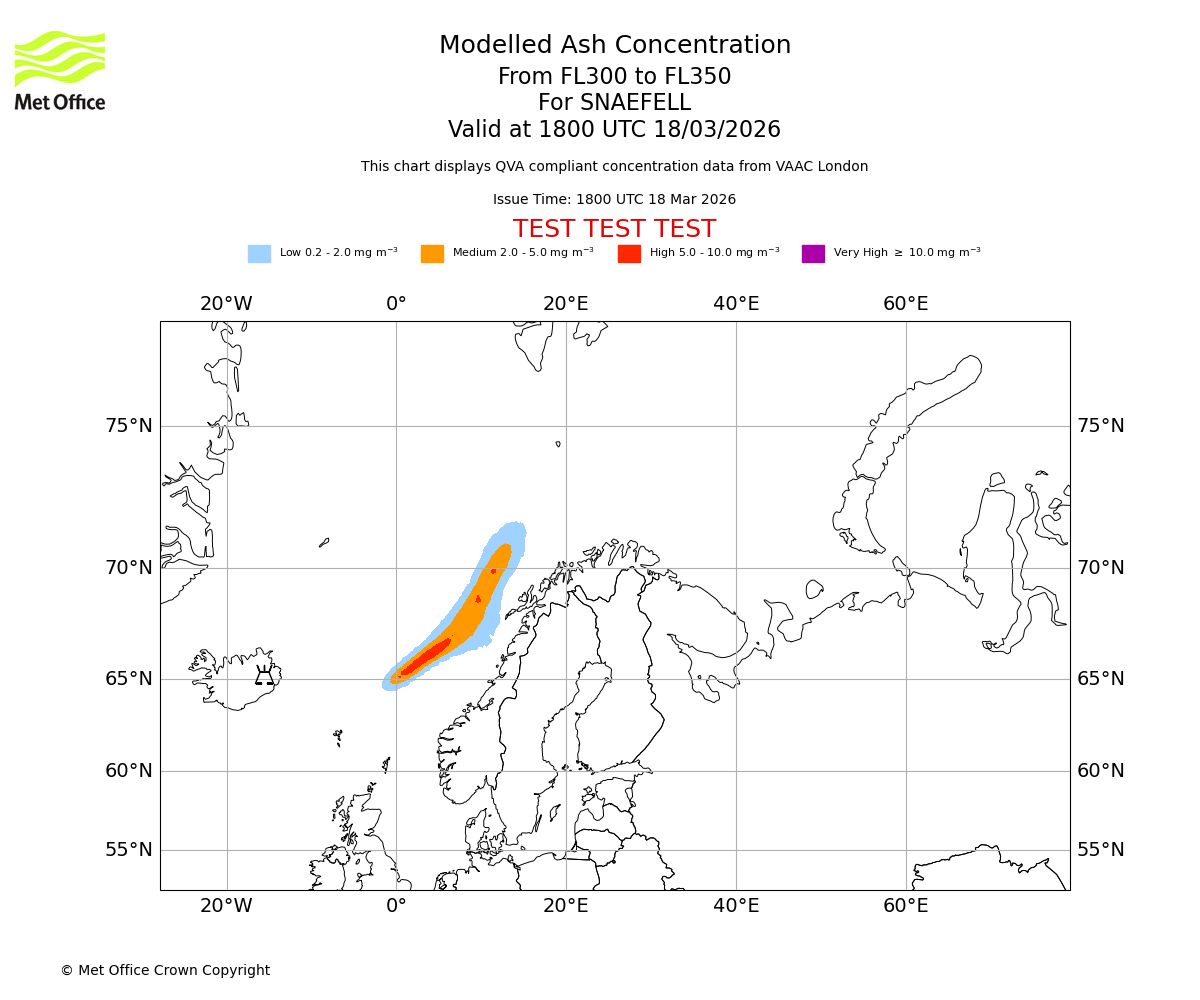 Modelled ash concentration from 300 to 350 for SNAEFELL. Valid at 1800 UTC 18/03/2026