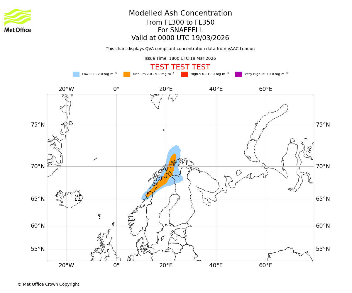 Modelled ash concentration from 300 to 350 for SNAEFELL. Valid at 0000 UTC 19/03/2026