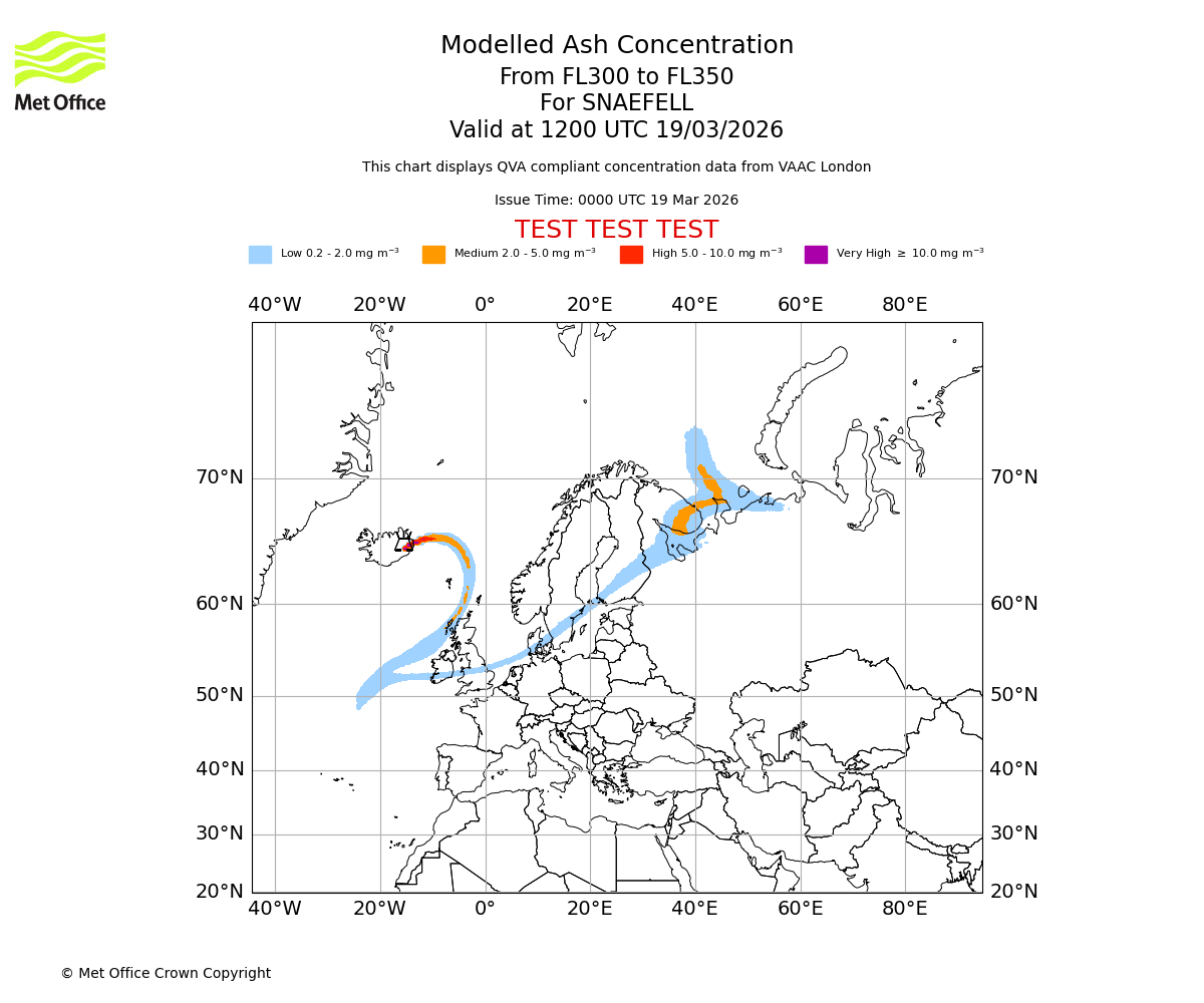 Modelled ash concentration from 300 to 350 for SNAEFELL. Valid at 1200 UTC 19/03/2026