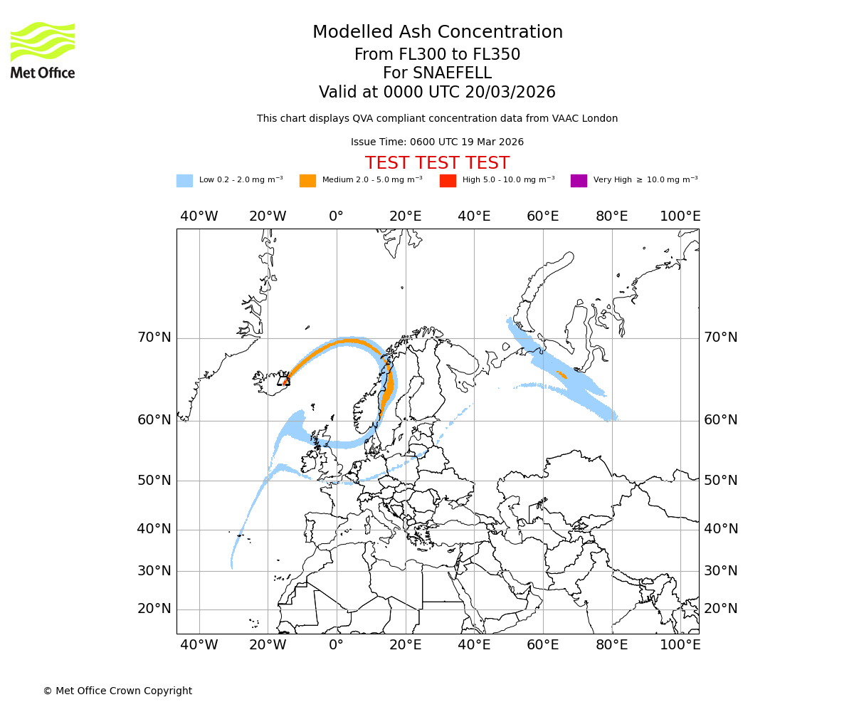 Modelled ash concentration from 300 to 350 for SNAEFELL. Valid at 0000 UTC 20/03/2026