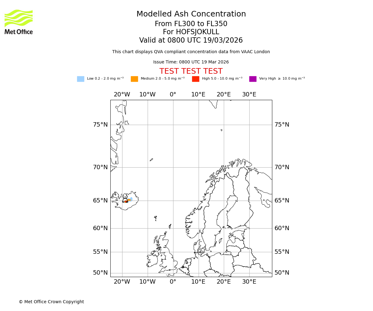 Modelled ash concentration from 300 to 350 for HOFSJOKULL. Valid at 0800 UTC 19/03/2026