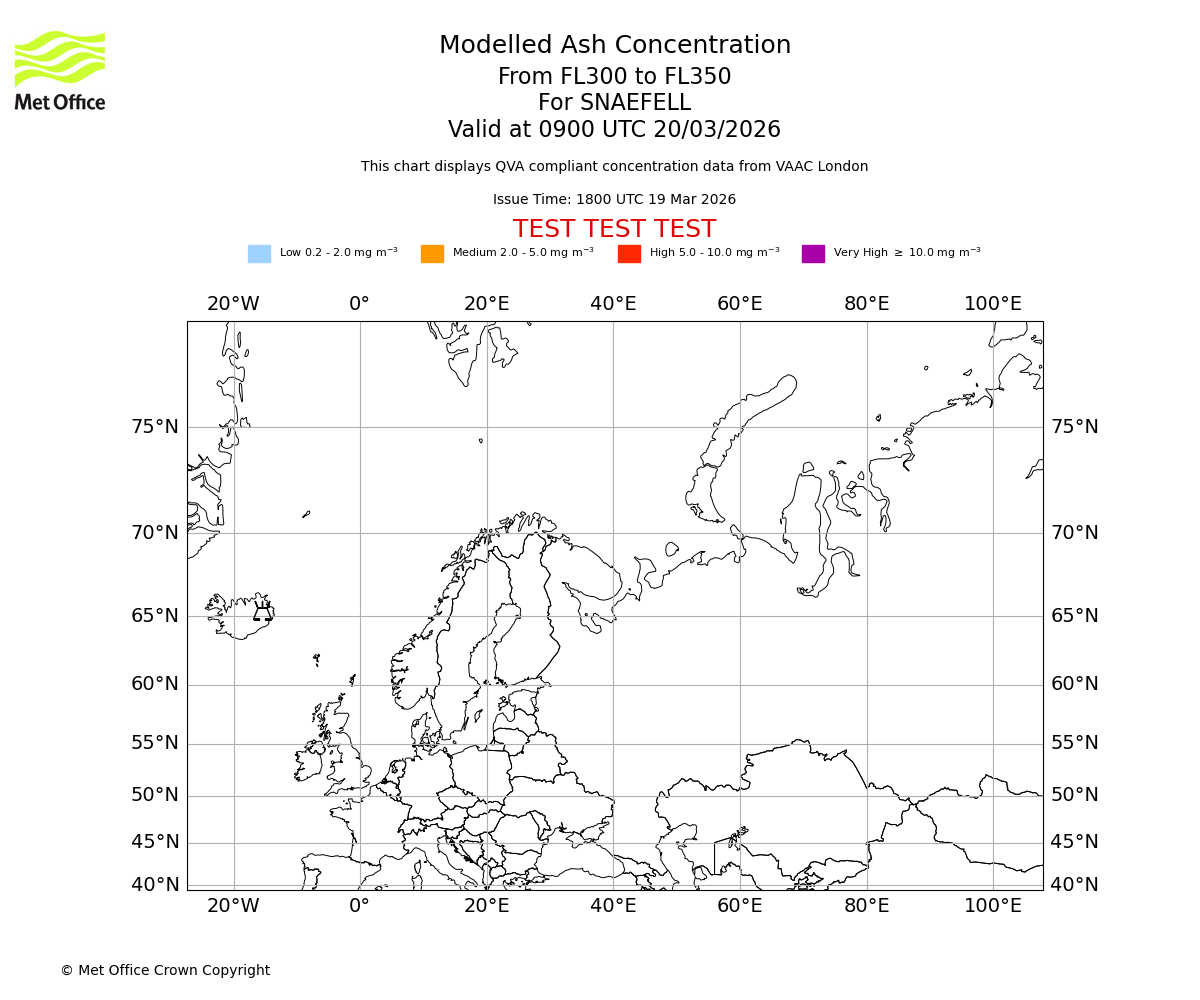 Modelled ash concentration from 300 to 350 for SNAEFELL. Valid at 0900 UTC 20/03/2026