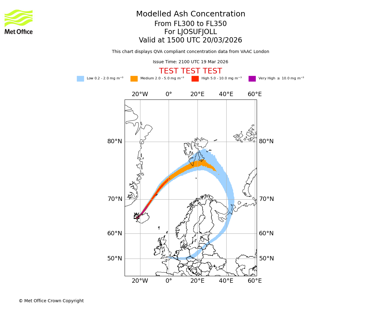 Modelled ash concentration from 300 to 350 for LJOSUFJOLL. Valid at 1500 UTC 20/03/2026