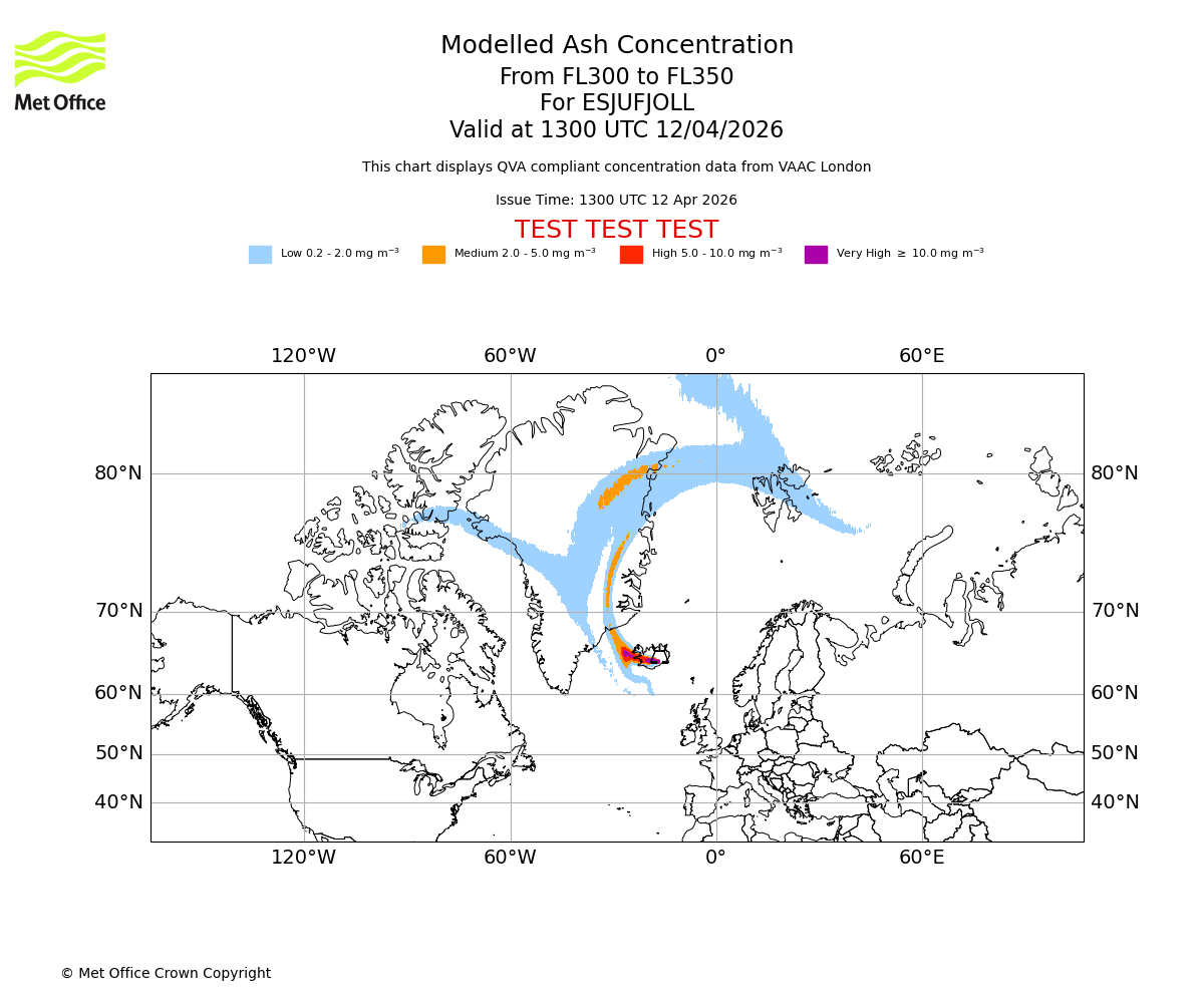 Modelled ash concentration from 300 to 350 for ESJUFJOLL. Valid at 1300 UTC 12/04/2026