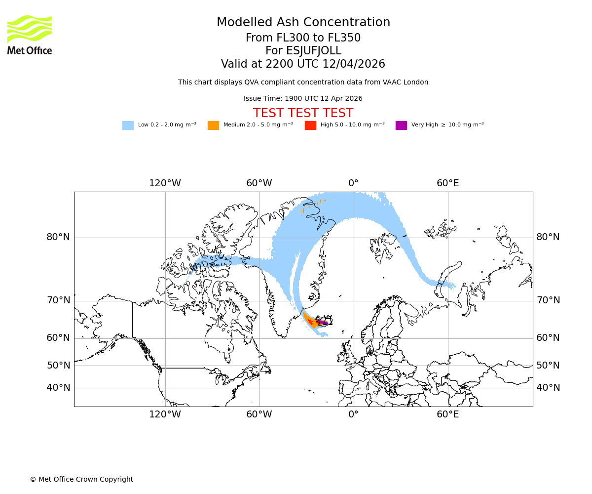 Modelled ash concentration from 300 to 350 for ESJUFJOLL. Valid at 2200 UTC 12/04/2026