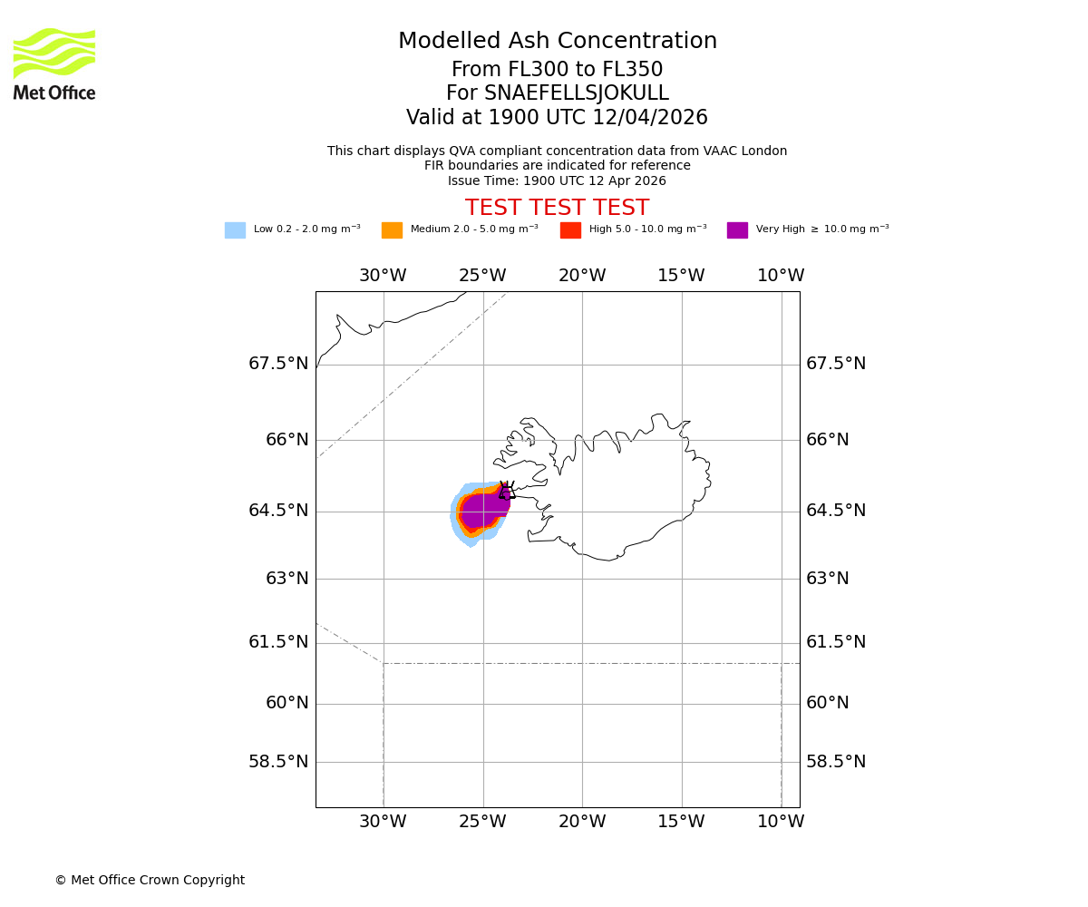 Modelled ash concentration from 300 to 350 for SNAEFELLSJOKULL. Valid at 1900 UTC 12/04/2026
