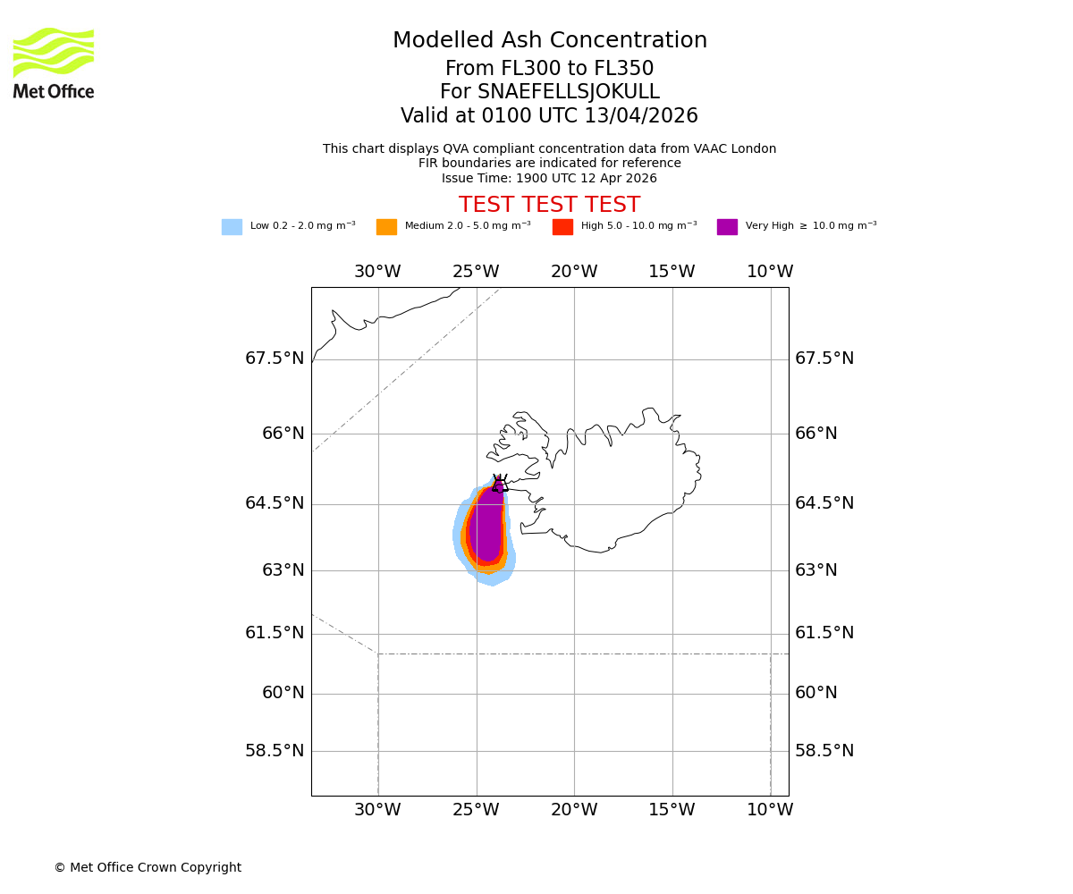 Modelled ash concentration from 300 to 350 for SNAEFELLSJOKULL. Valid at 0100 UTC 13/04/2026