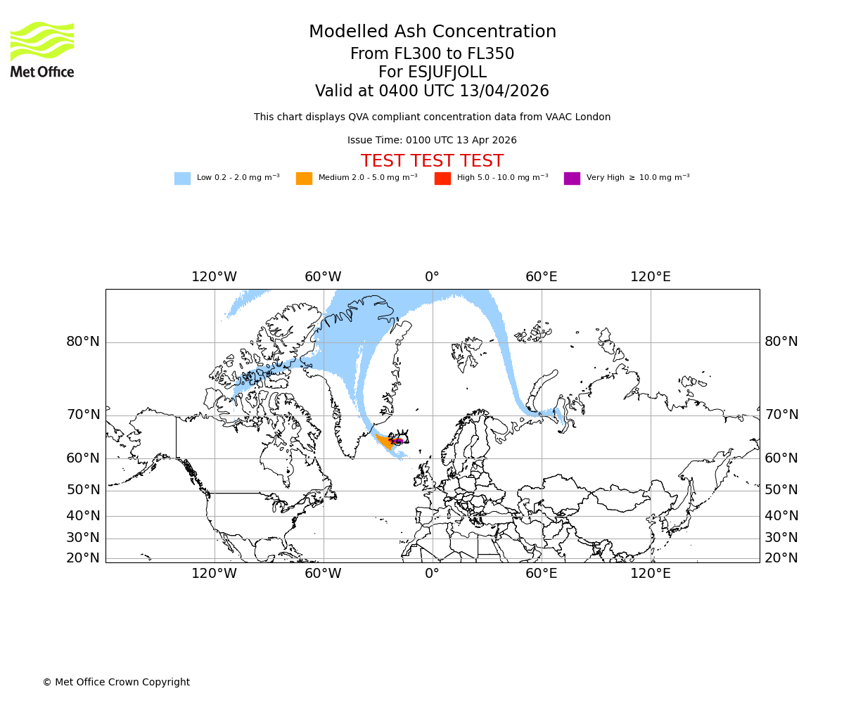Modelled ash concentration from 300 to 350 for ESJUFJOLL. Valid at 0400 UTC 13/04/2026