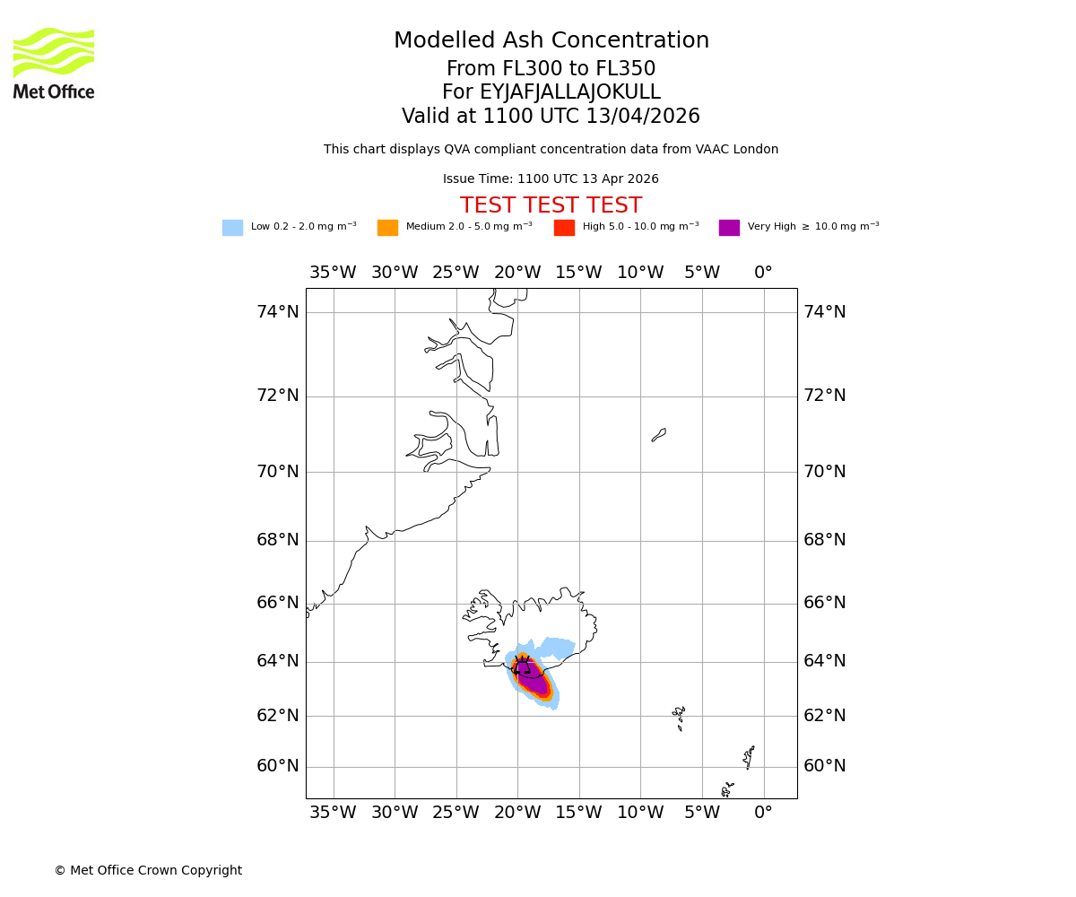 Modelled ash concentration from 300 to 350 for EYJAFJALLAJOKULL. Valid at 1100 UTC 13/04/2026