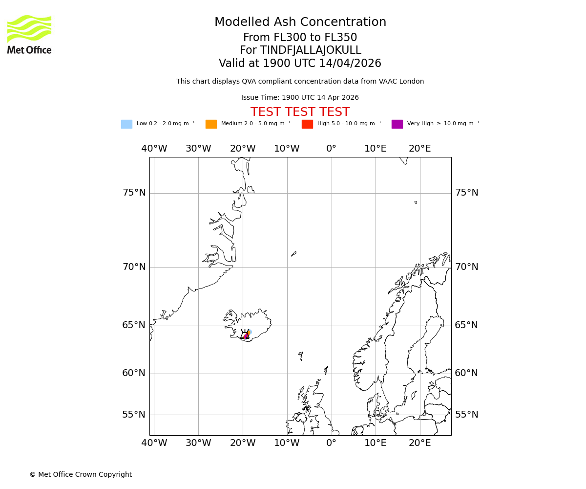 Modelled ash concentration from 300 to 350 for TINDFJALLAJOKULL. Valid at 1900 UTC 14/04/2026