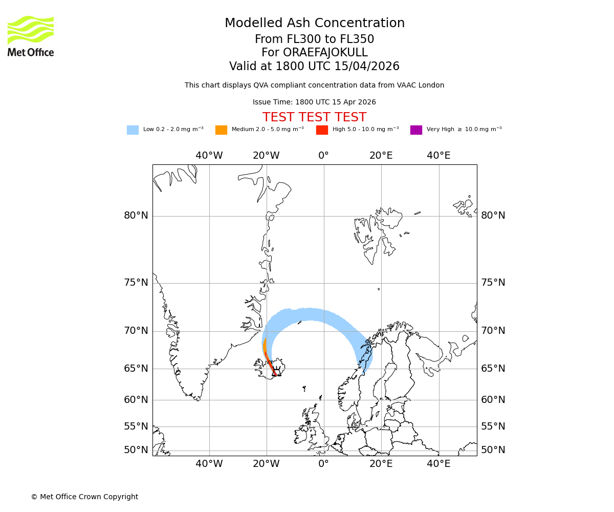 Modelled ash concentration from 300 to 350 for ORAEFAJOKULL. Valid at 1800 UTC 15/04/2026