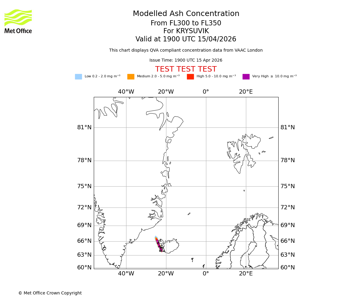 Modelled ash concentration from 300 to 350 for KRYSUVIK. Valid at 1900 UTC 15/04/2026