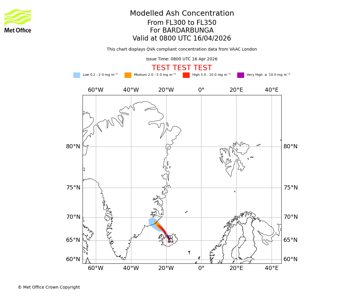 Modelled ash concentration from 300 to 350 for BARDARBUNGA. Valid at 0800 UTC 16/04/2026