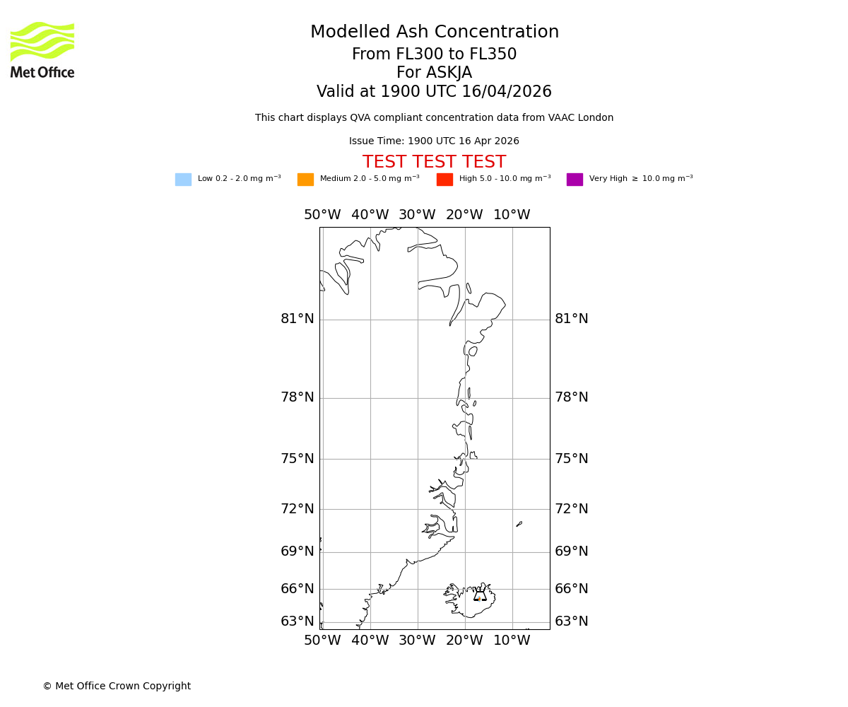Modelled ash concentration from 300 to 350 for ASKJA. Valid at 1900 UTC 16/04/2026