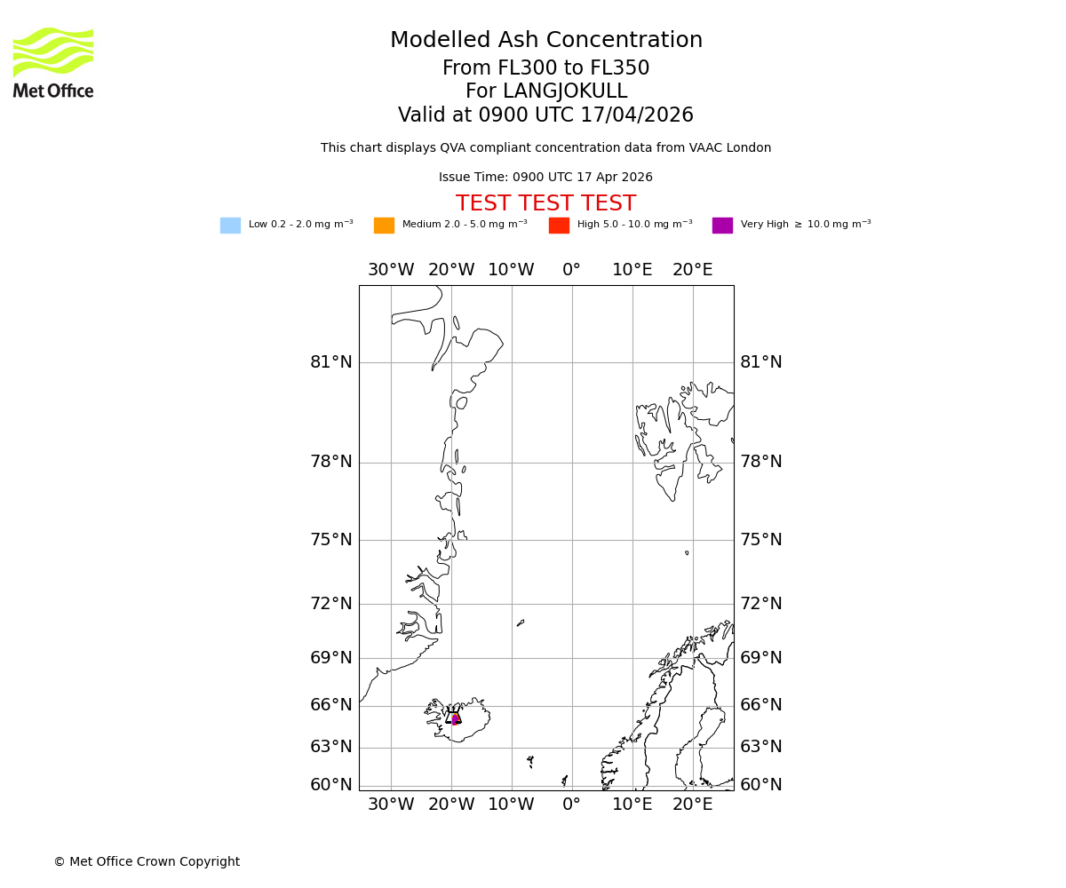 Modelled ash concentration from 300 to 350 for LANGJOKULL. Valid at 0900 UTC 17/04/2026