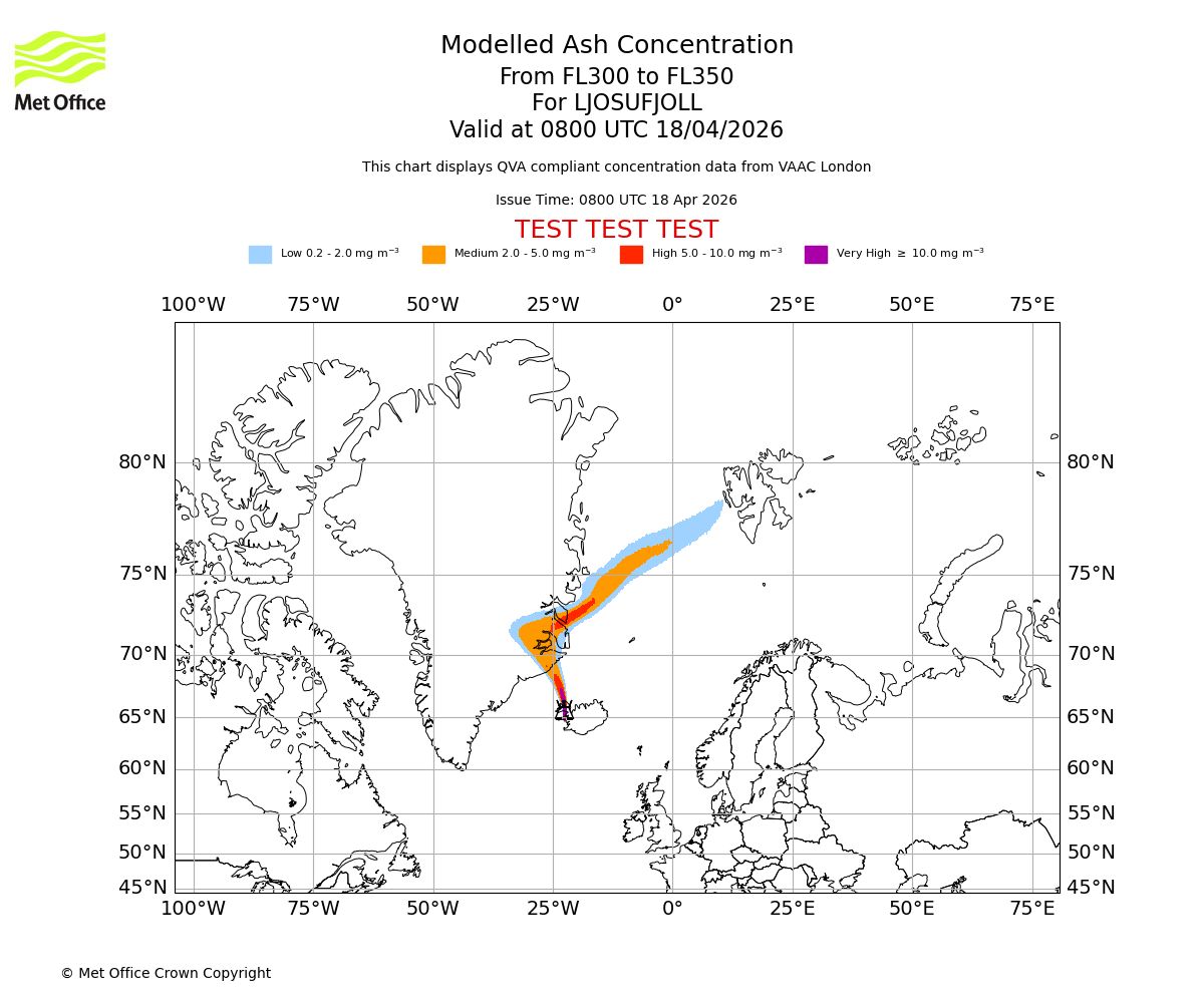 Modelled ash concentration from 300 to 350 for LJOSUFJOLL. Valid at 0800 UTC 18/04/2026