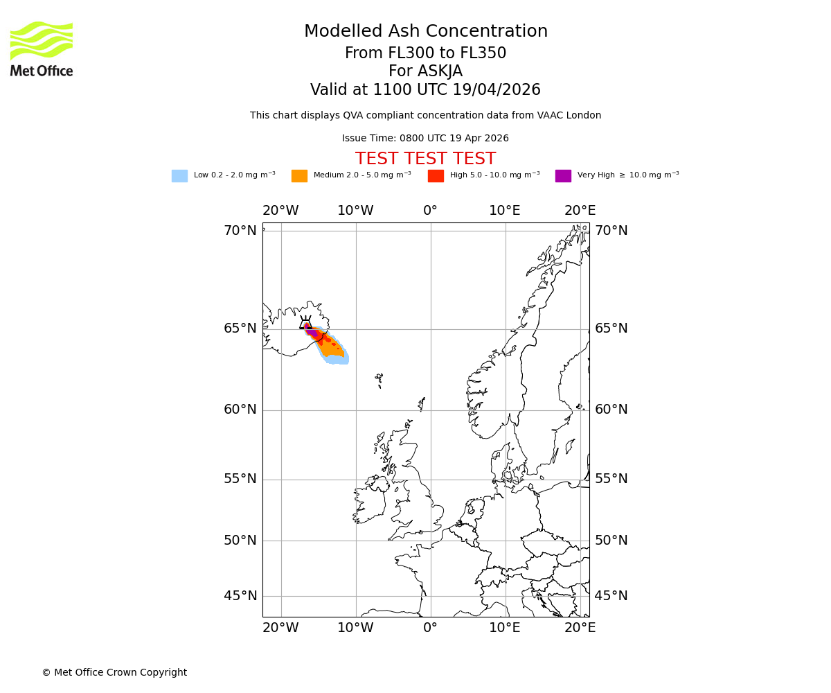 Modelled ash concentration from 300 to 350 for ASKJA. Valid at 1100 UTC 19/04/2026