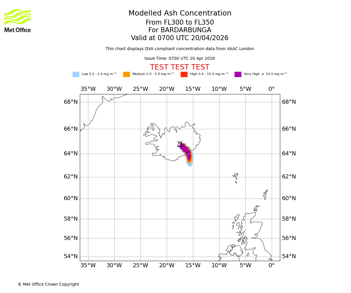 Modelled ash concentration from 300 to 350 for BARDARBUNGA. Valid at 0700 UTC 20/04/2026