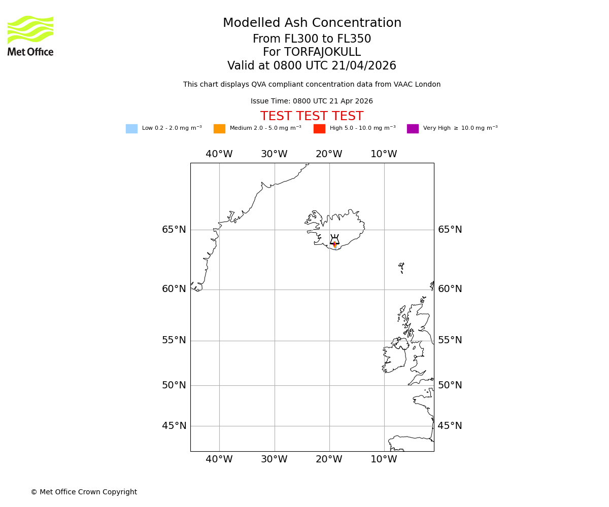 Modelled ash concentration from 300 to 350 for TORFAJOKULL. Valid at 0800 UTC 21/04/2026