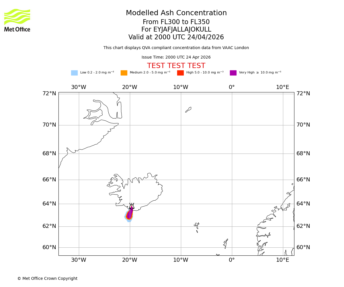 Modelled ash concentration from 300 to 350 for EYJAFJALLAJOKULL. Valid at 2000 UTC 24/04/2026