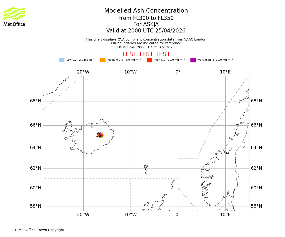 Modelled ash concentration from 300 to 350 for ASKJA. Valid at 2000 UTC 25/04/2026