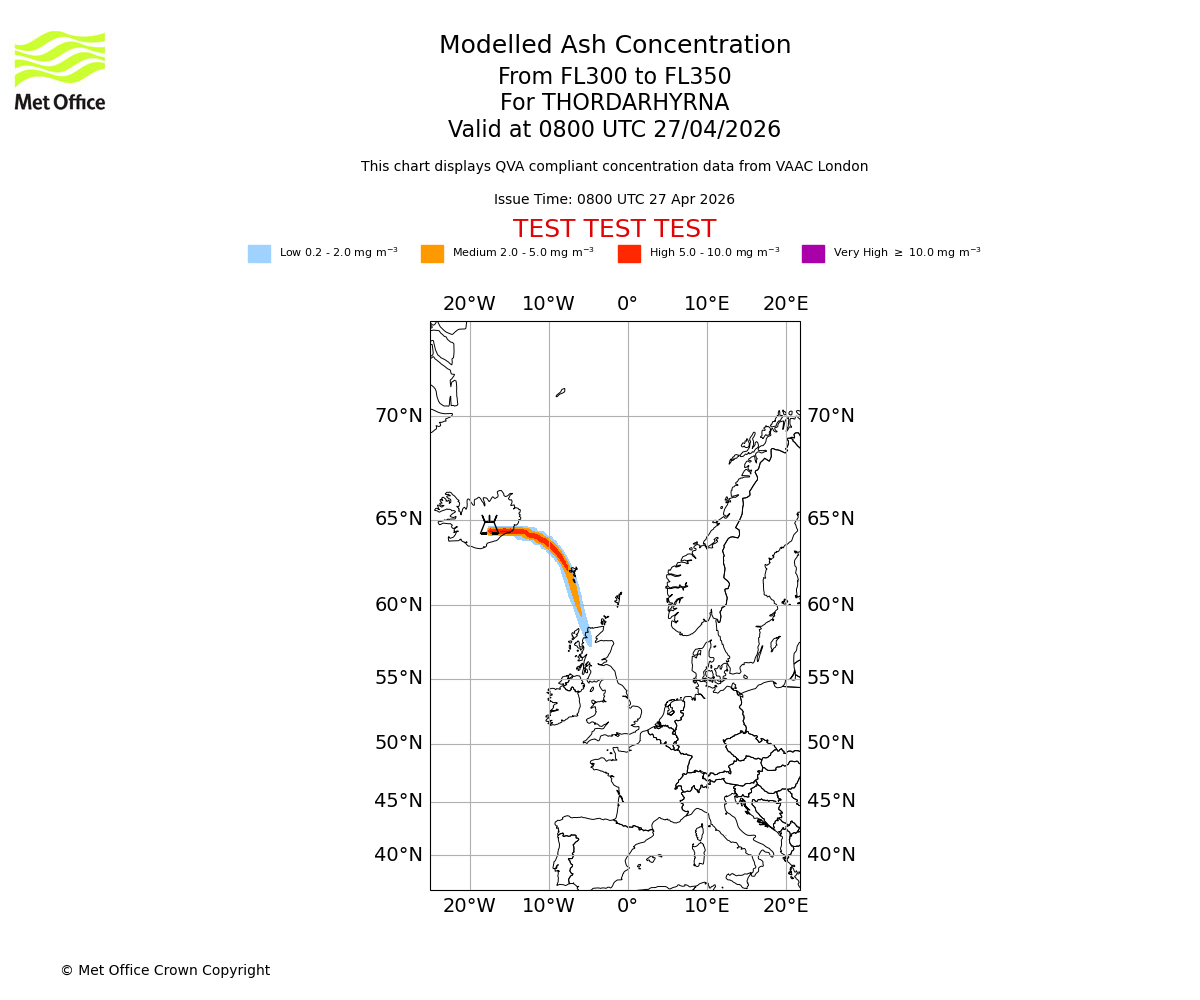 Modelled ash concentration from 300 to 350 for THORDARHYRNA. Valid at 0800 UTC 27/04/2026
