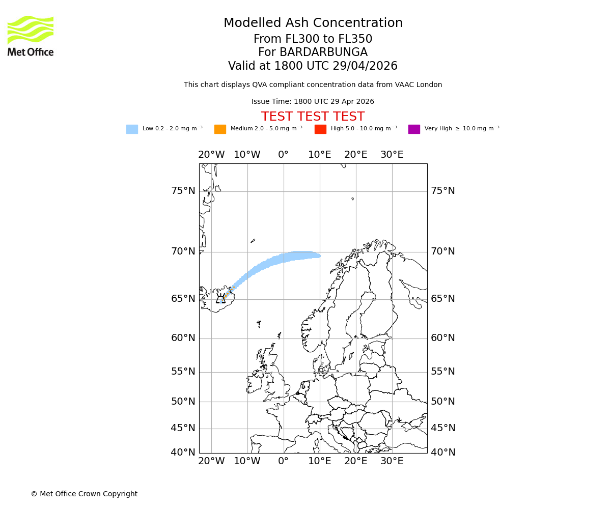 Modelled ash concentration from 300 to 350 for BARDARBUNGA. Valid at 1800 UTC 29/04/2026