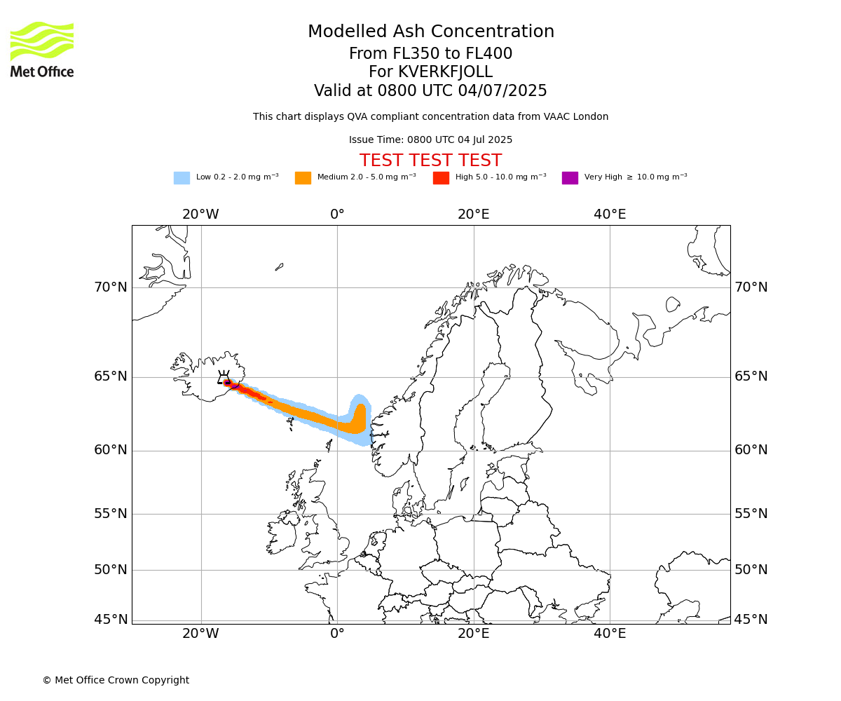 Modelled ash concentration from 350 to 400 for KVERKFJOLL. Valid at 0800 UTC 04/07/2025