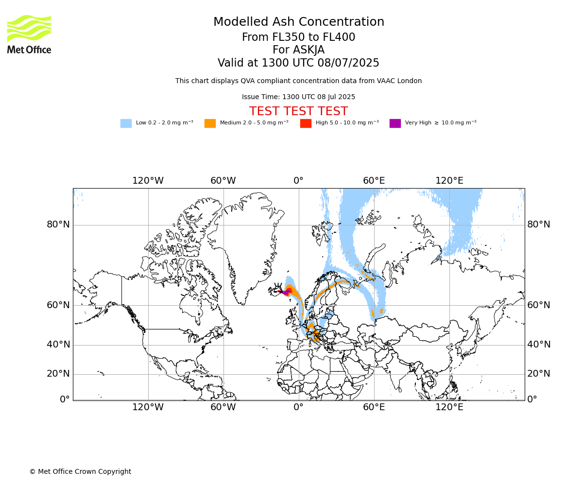 Modelled ash concentration from 350 to 400 for ASKJA. Valid at 1300 UTC 08/07/2025