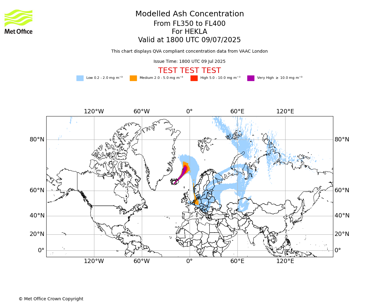 Modelled ash concentration from 350 to 400 for HEKLA. Valid at 1800 UTC 09/07/2025