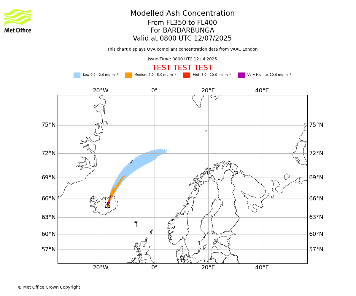 Modelled ash concentration from 350 to 400 for BARDARBUNGA. Valid at 0800 UTC 12/07/2025
