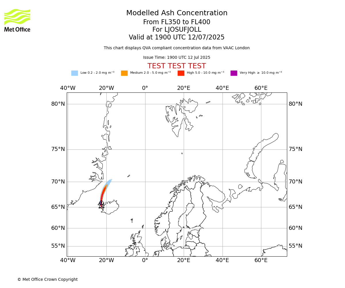 Modelled ash concentration from 350 to 400 for LJOSUFJOLL. Valid at 1900 UTC 12/07/2025