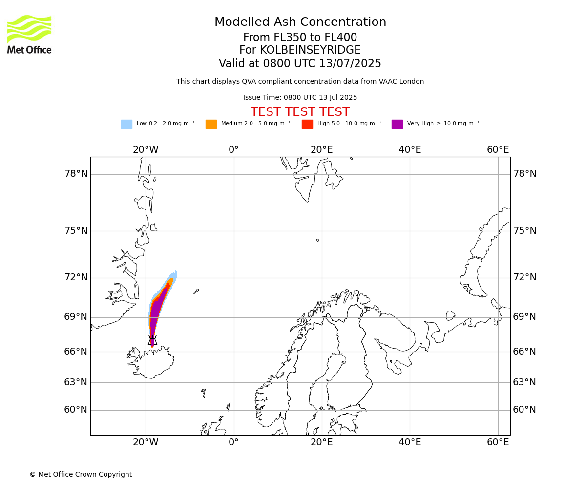 Modelled ash concentration from 350 to 400 for KOLBEINSEYRIDGE. Valid at 0800 UTC 13/07/2025