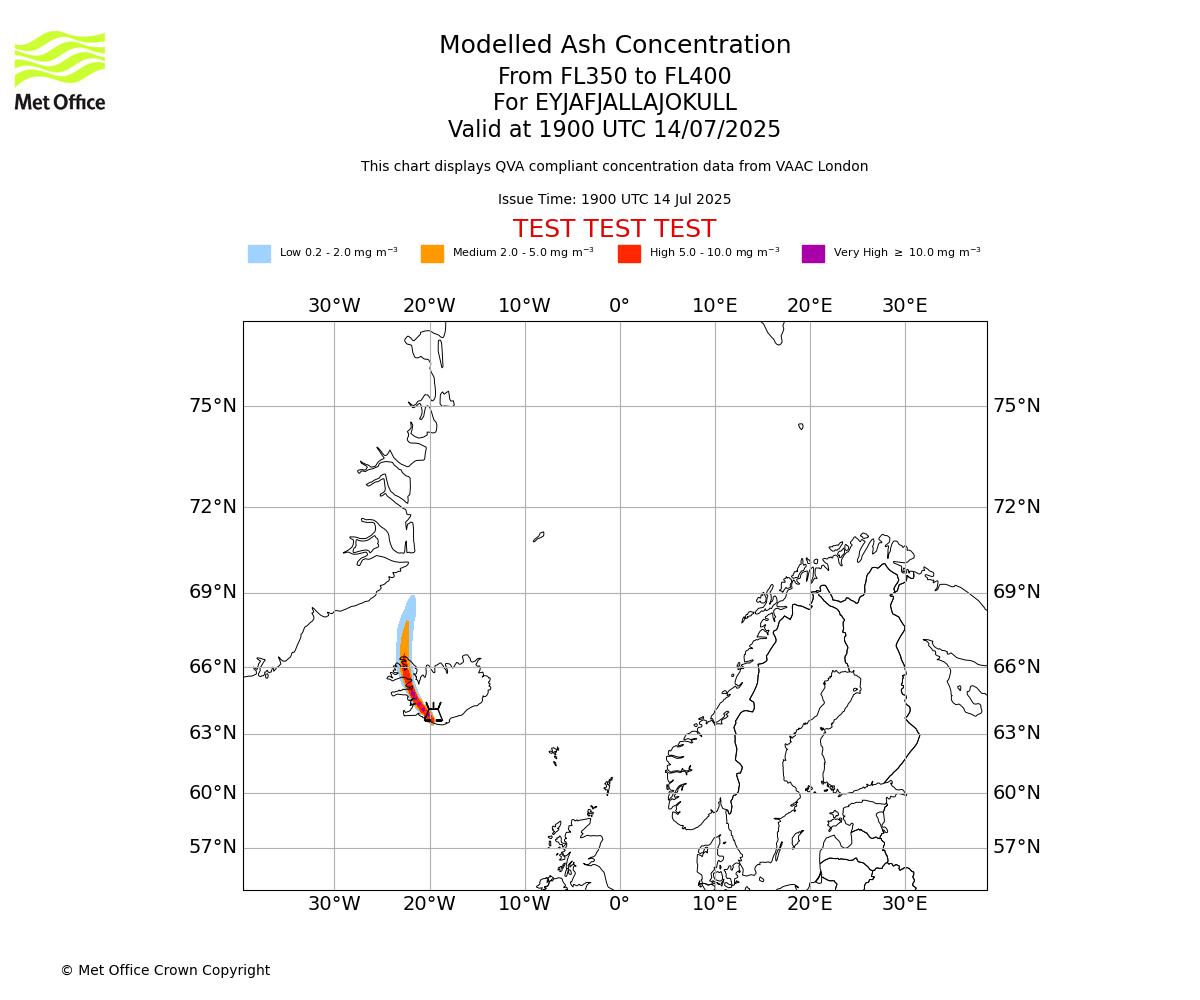 Modelled ash concentration from 350 to 400 for EYJAFJALLAJOKULL. Valid at 1900 UTC 14/07/2025