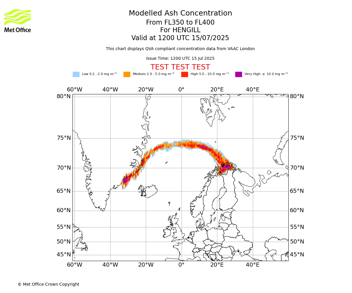 Modelled ash concentration from 350 to 400 for HENGILL. Valid at 1200 UTC 15/07/2025