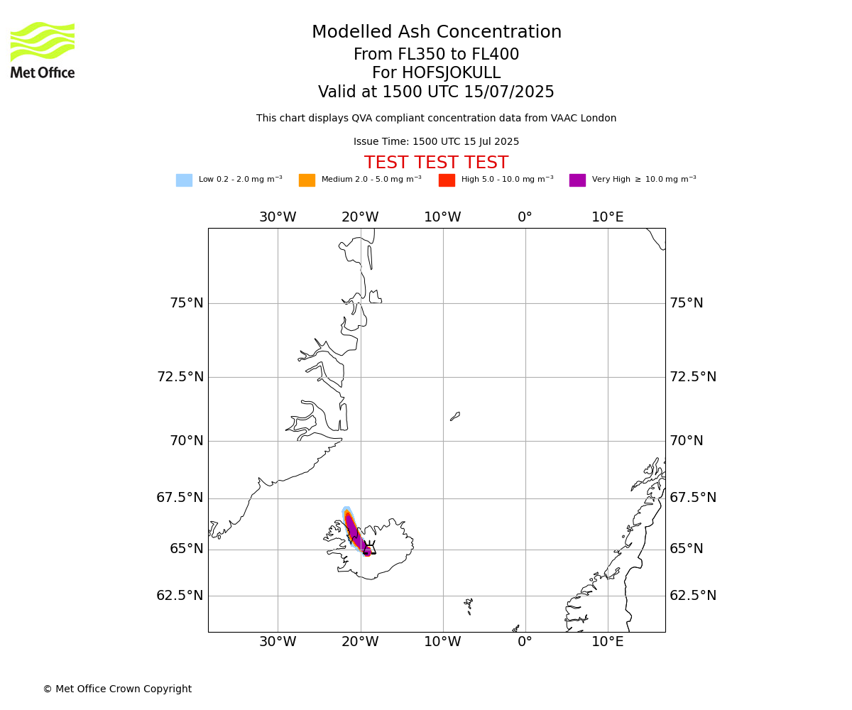 Modelled ash concentration from 350 to 400 for HOFSJOKULL. Valid at 1500 UTC 15/07/2025