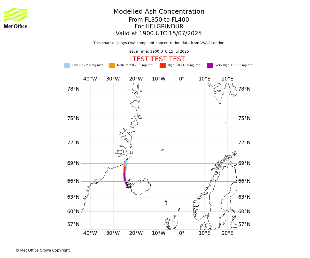 Modelled ash concentration from 350 to 400 for HELGRINDUR. Valid at 1900 UTC 15/07/2025
