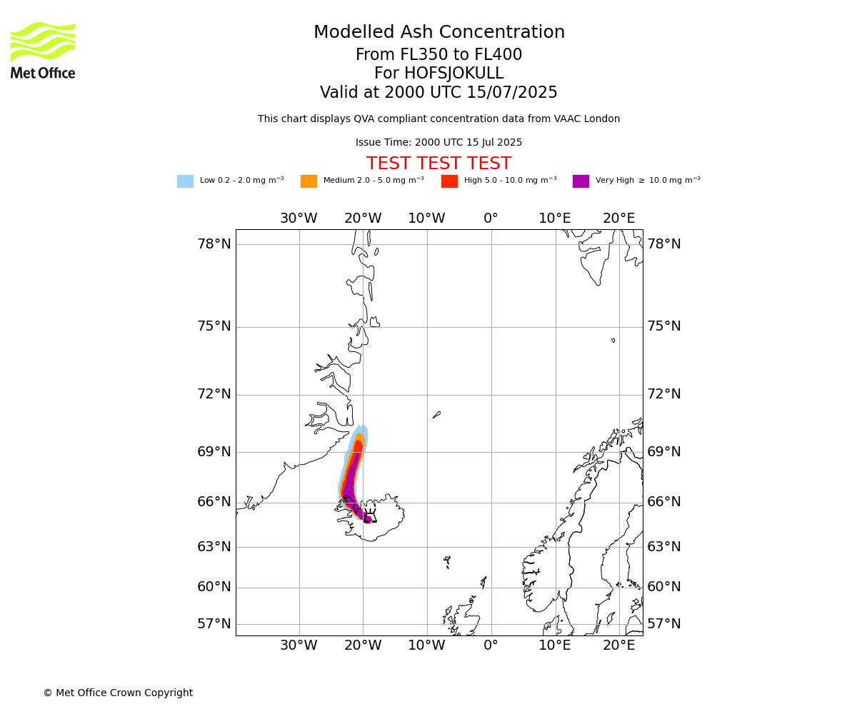 Modelled ash concentration from 350 to 400 for HOFSJOKULL. Valid at 2000 UTC 15/07/2025