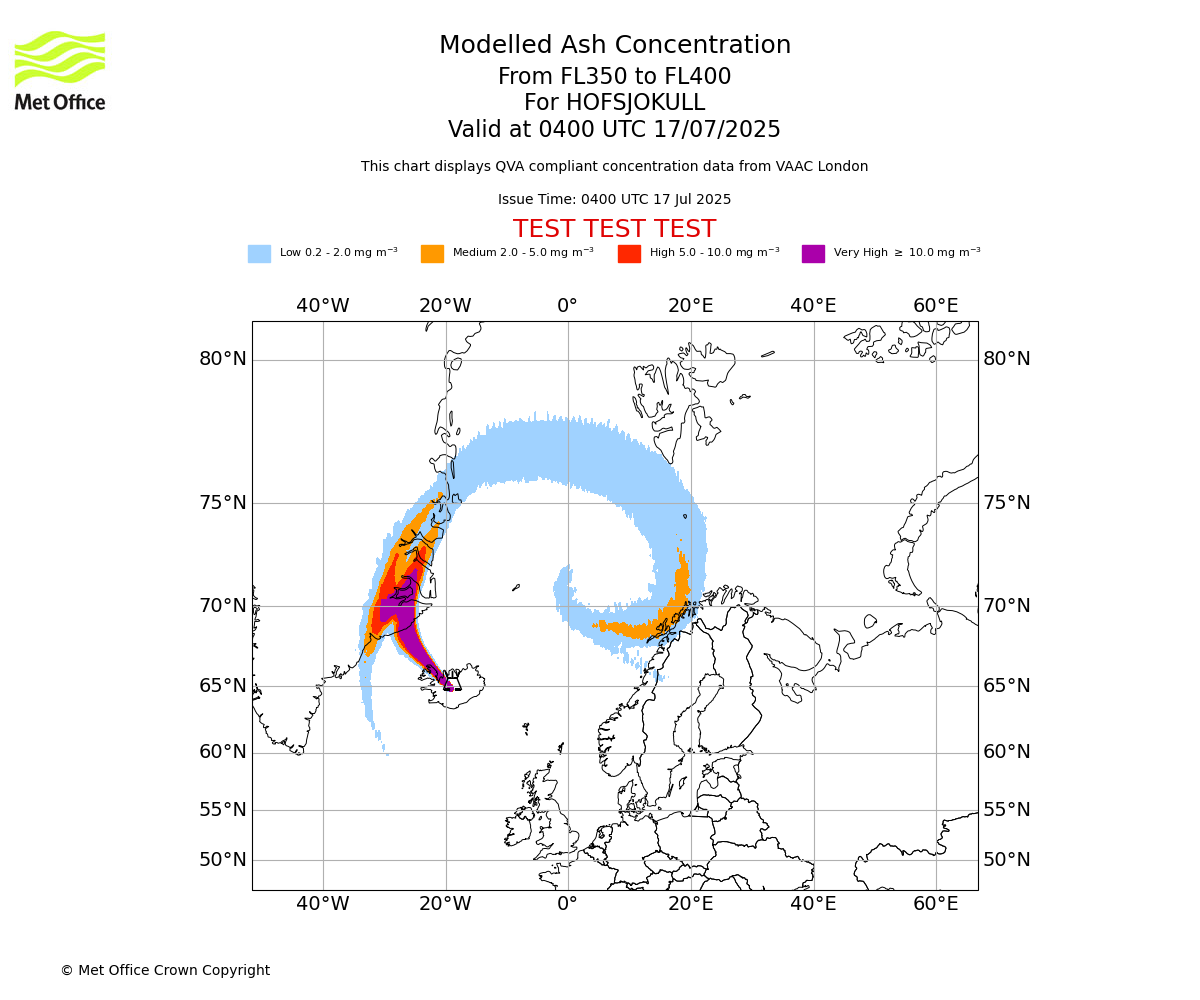 Modelled ash concentration from 350 to 400 for HOFSJOKULL. Valid at 0400 UTC 17/07/2025