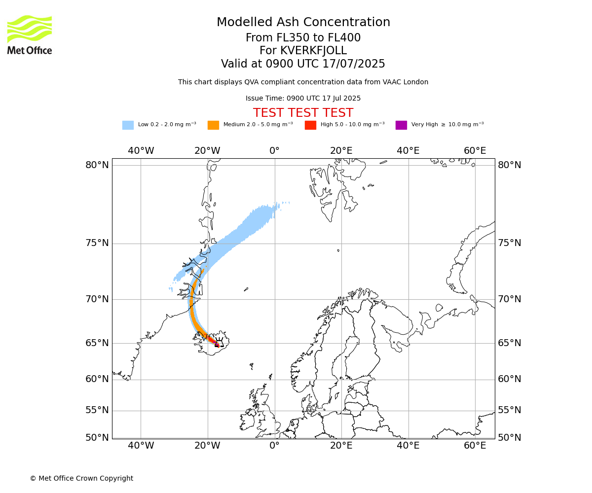 Modelled ash concentration from 350 to 400 for KVERKFJOLL. Valid at 0900 UTC 17/07/2025