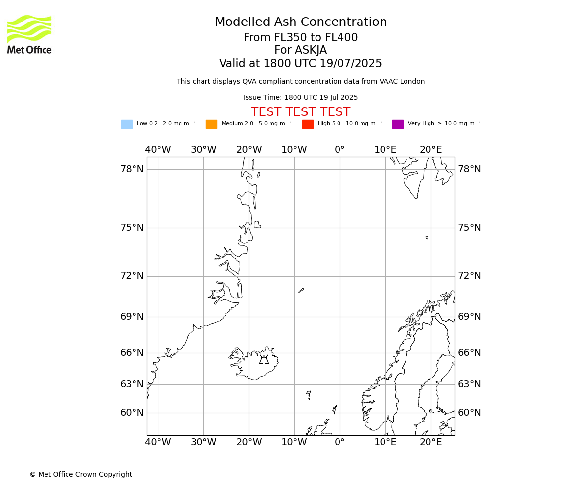 Modelled ash concentration from 350 to 400 for ASKJA. Valid at 1800 UTC 19/07/2025