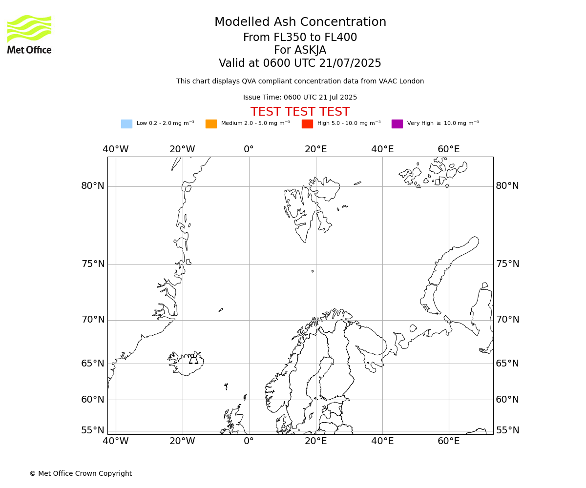 Modelled ash concentration from 350 to 400 for ASKJA. Valid at 0600 UTC 21/07/2025