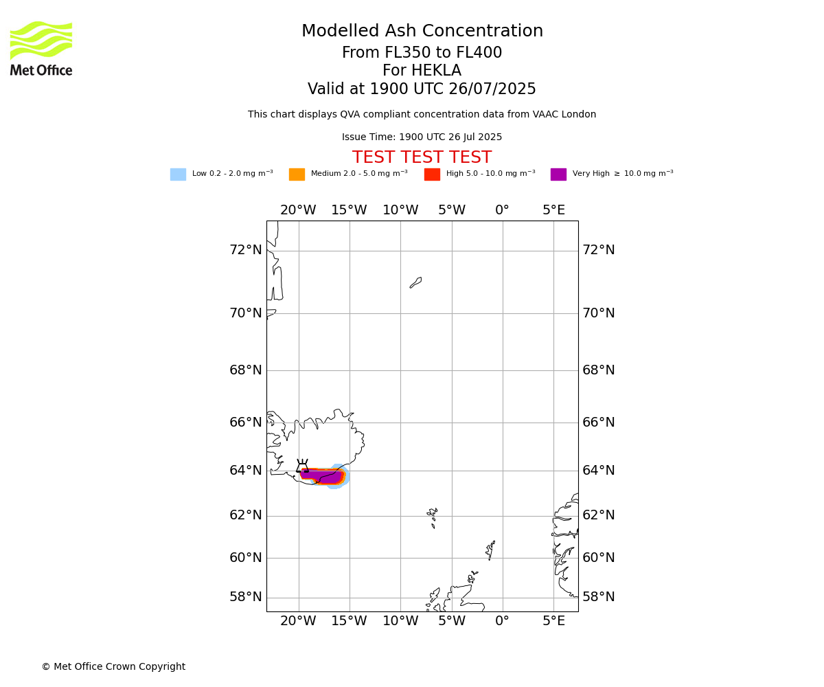 Modelled ash concentration from 350 to 400 for HEKLA. Valid at 1900 UTC 26/07/2025