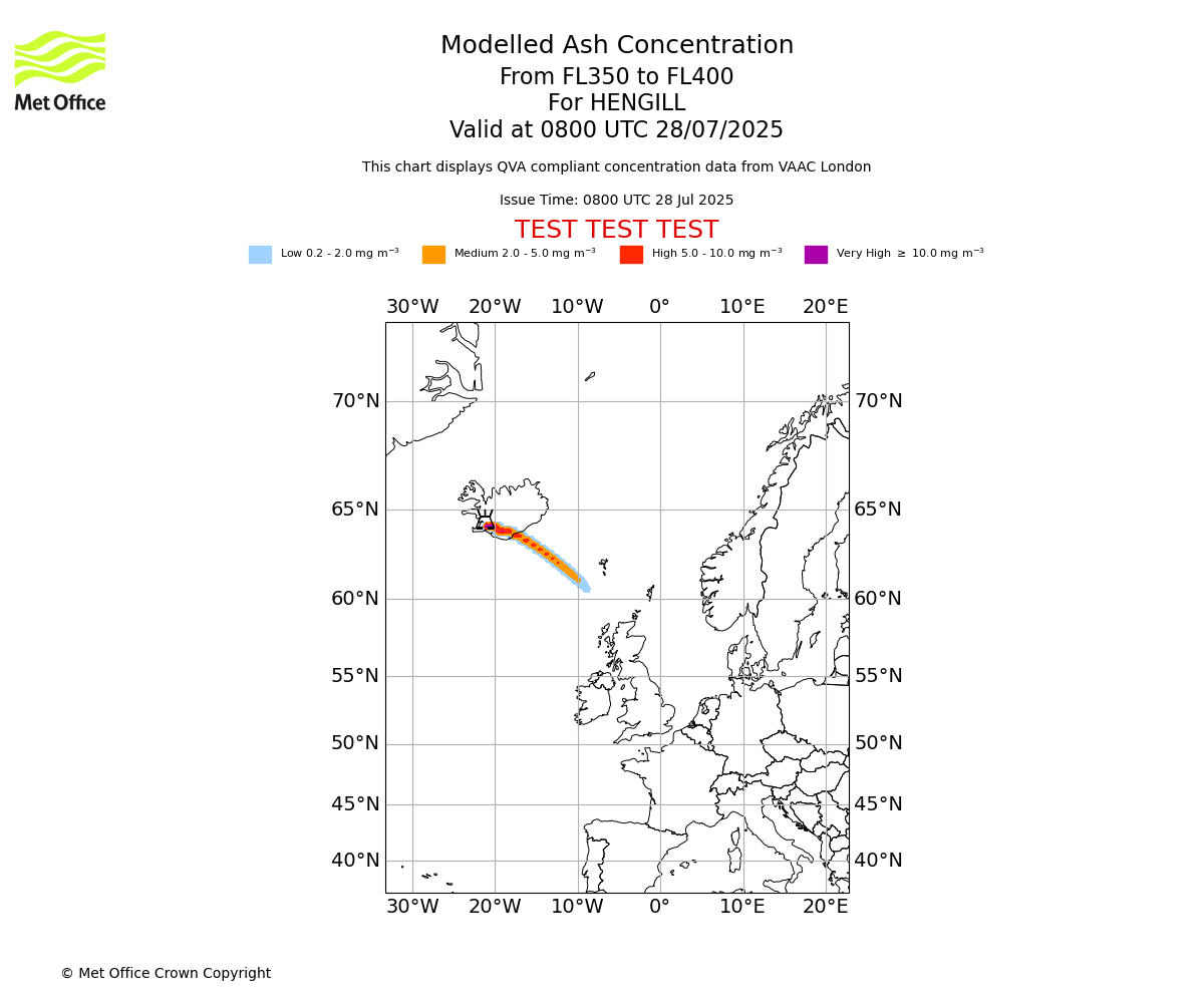 Modelled ash concentration from 350 to 400 for HENGILL. Valid at 0800 UTC 28/07/2025