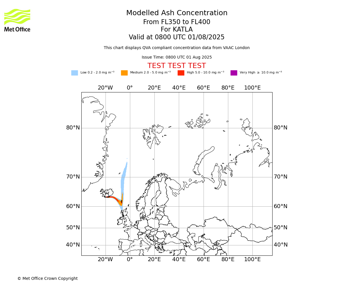 Modelled ash concentration from 350 to 400 for KATLA. Valid at 0800 UTC 01/08/2025